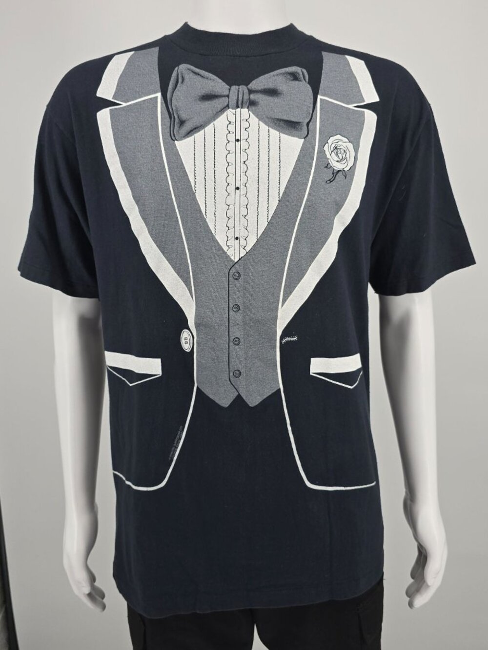 Vintage 1980s Hanes Beefy-T/Athletic Supporter LTD Tuxedo Print T-Shirt (L)